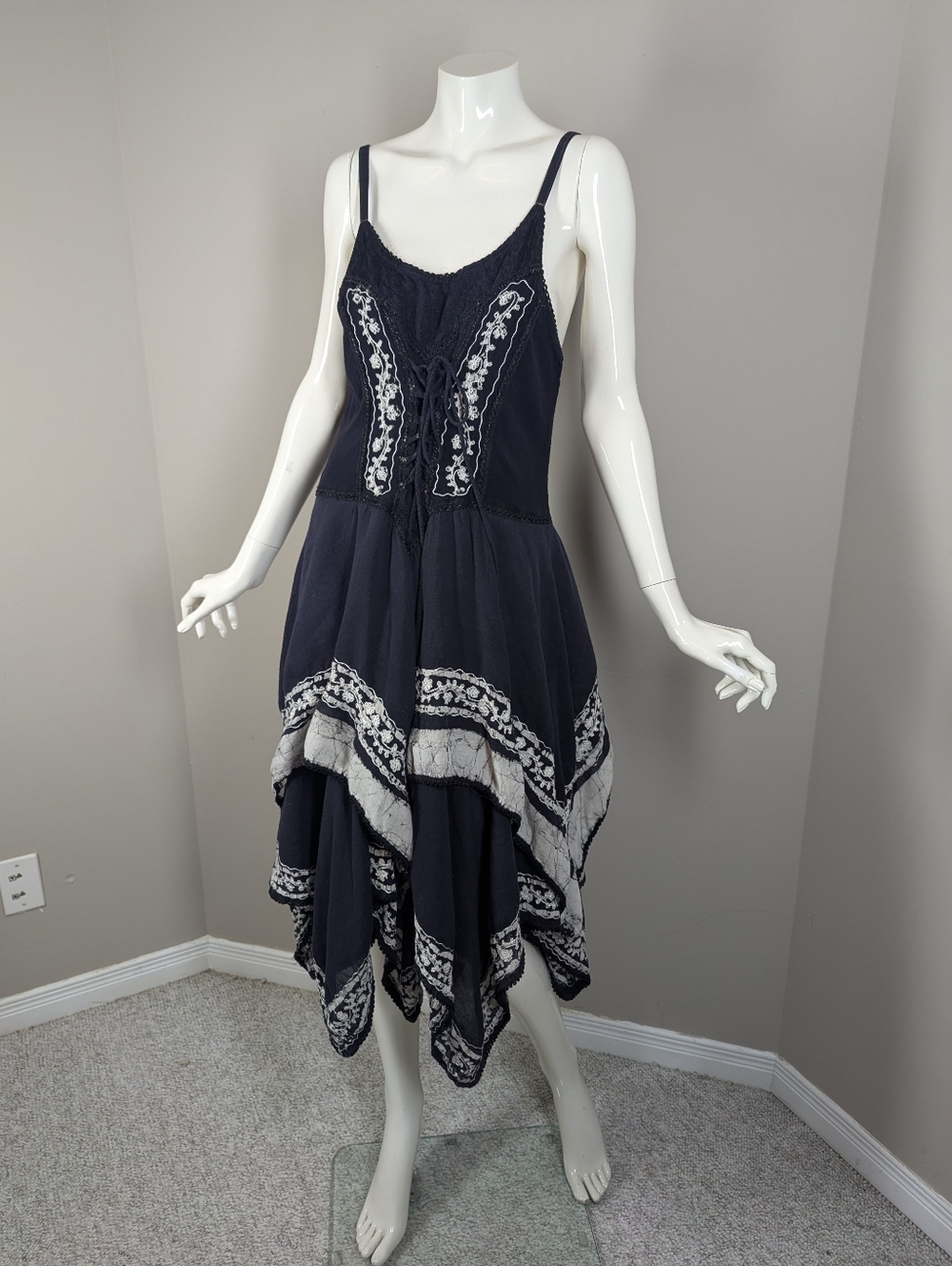 Boho Lace Trim Handkerchief Dress Rayon Adjustable Tie Front Festival Dress One